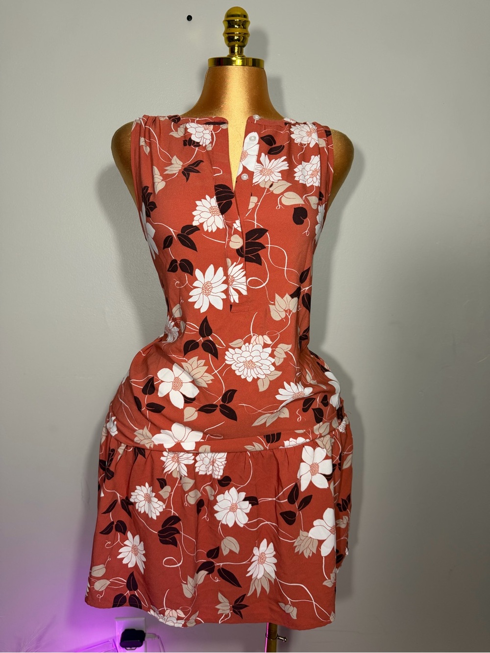 LOFT Rust Floral Sleeveless Mini Dress with White Blooms